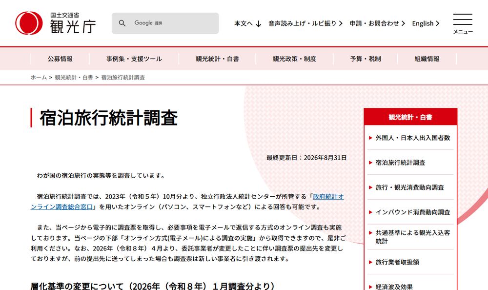 観光庁「宿泊旅行統計調査」のページのファーストビュー